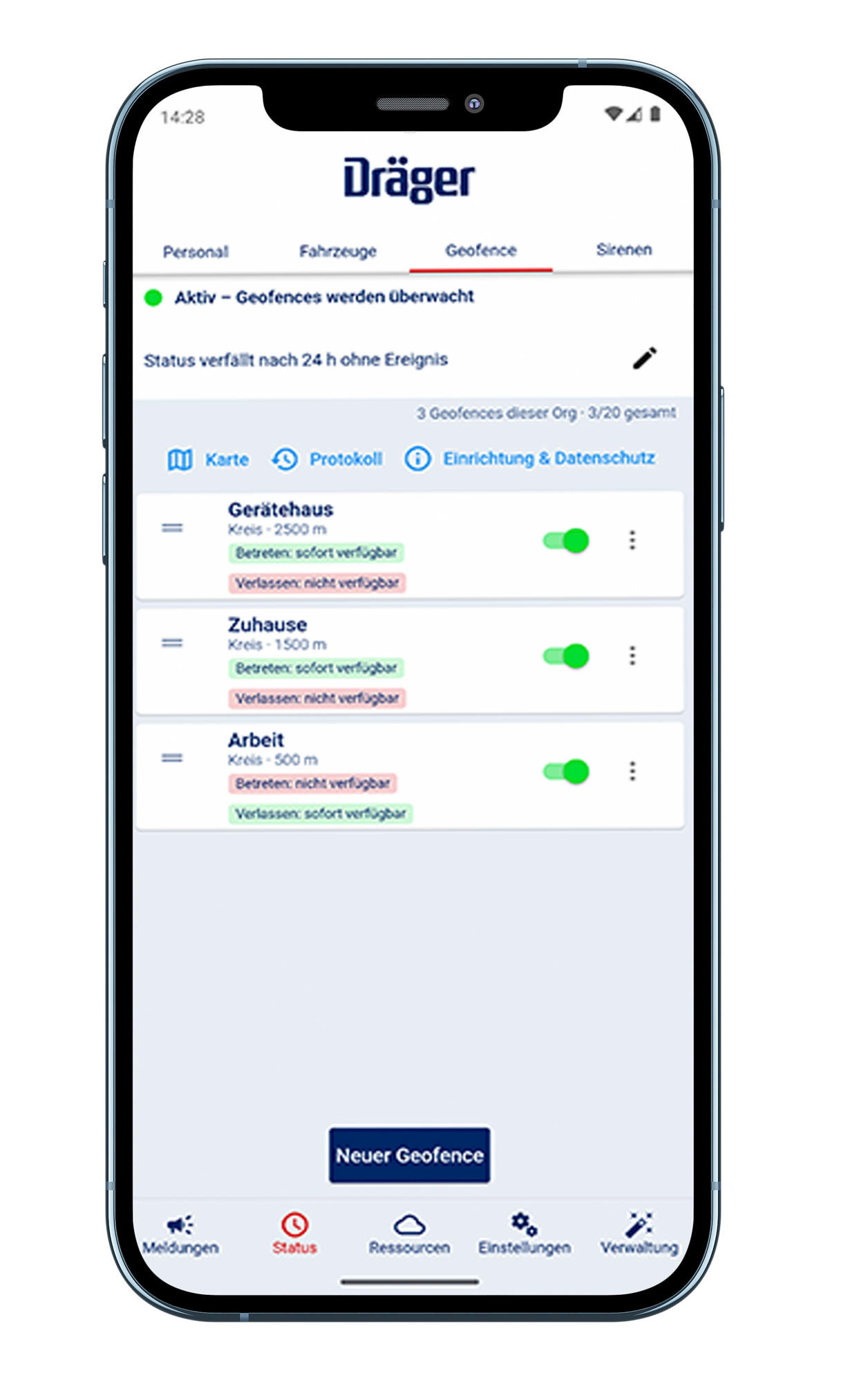 Geofence-Funktion in der Alarm-App des Einsatzmeldesystems