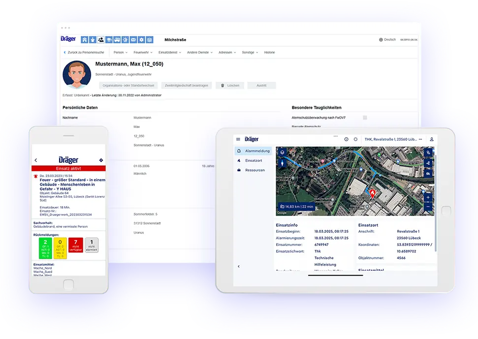 Dräger Cloud Einsatzmeldesystem für Feuerwehren mit digitaler Alarmierung, Einsatzkarte und Ressourcenübersicht auf Smartphone, Tablet und Desktop