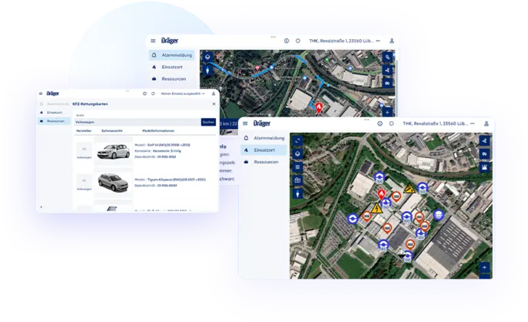 Digitale Feuerwehr Einsatzsoftware in der Dräger Cloud mit Einsatzkarte, Alarmmeldung und Ressourcenübersicht in Echtzeit