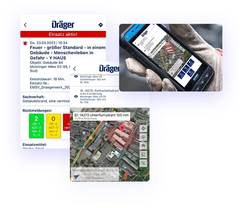 Dräger EMS Einsatzmeldesystem für Feuerwehren mit digitaler Alarmierung, Einsatzmeldung und Einsatzkarte auf dem Smartphone